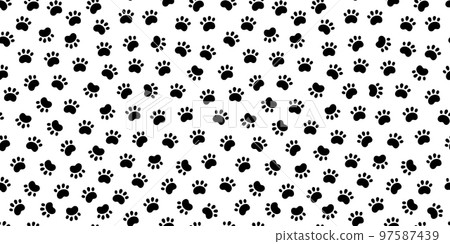 Seamless dog pattern with paw prints. Cat foots texture. Pattern with doggy pawprints. Dog texture. Hand drawn vector illustration in doodle style on white background 97587439
