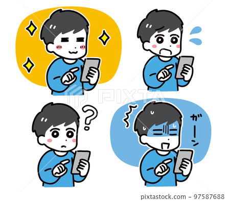 一名年輕男子手持智慧型手機的一組臉部表情 97587688