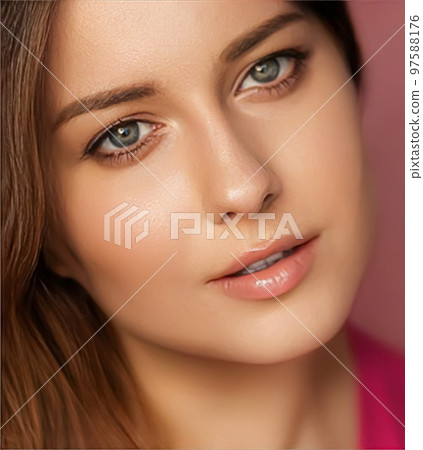Beauty, makeup and skincare cosmetics model face portrait on pink background, beautiful woman with natural make-up, perfect healthy skin glow, facial care closeup Beauty, makeup and skincare cosmetics model face portrait on pink background, beautiful woman with natural make-up, perfect healthy skin glow, facial care closeup 97588176