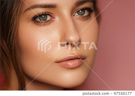 Beauty, makeup and skincare cosmetics model face portrait on pink background, beautiful woman with natural make-up, perfect healthy skin glow, facial care closeup Beauty, makeup and skincare cosmetics model face portrait on pink background, beautiful woman with natural make-up, perfect healthy skin glow, facial care closeup 97588177