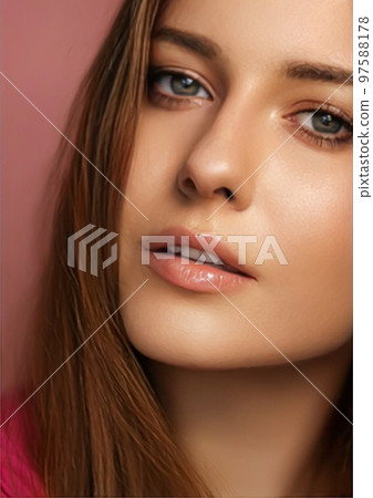 Beauty, makeup and skincare cosmetics model face portrait on pink background, beautiful woman with natural make-up, perfect healthy skin glow, facial care closeup Beauty, makeup and skincare cosmetics model face portrait on pink background, beautiful woman with natural make-up, perfect healthy skin glow, facial care closeup 97588178