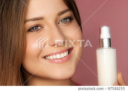 Beauty, makeup and skincare cosmetics model face portrait, woman with skin care cosmetic product bottle, serum, cleanser, lotion or moisturising cream as luxury facial care mockup 97588255