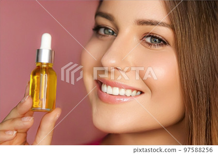 Beauty, makeup and skincare cosmetics model face portrait, woman holding skin care cosmetic essential oil bottle with dropper, luxury facial care product mockup 97588256