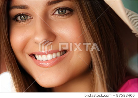 Fashion, travel and beauty face portrait of young woman, happy smiling model wearing beach sun hat in summer, head accessory and style concept 97588406