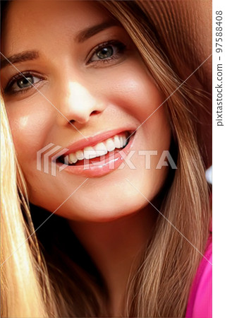 Fashion, travel and beauty face portrait of young woman, happy smiling model wearing beach sun hat in summer, head accessory and style concept Fashion, travel and beauty face portrait of young woman, happy smiling model wearing beach sun hat in summer, head accessory and style concept 97588408