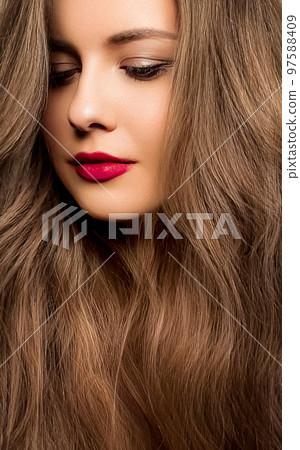 Beauty portrait, beautiful woman with long chic hairstyle and red lipstick make-up, fashion and glamour look, skincare cosmetics and hair care concept Beauty portrait, beautiful woman with long chic hairstyle and red lipstick make-up, fashion and glamour look, skincare cosmetics and hair care concept 97588409