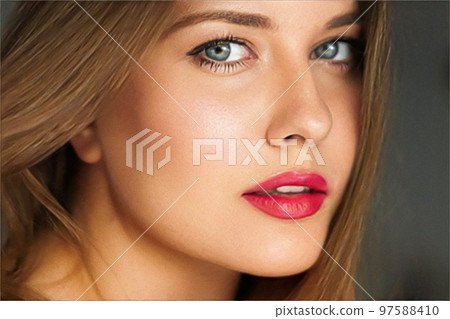Beauty, makeup and skincare cosmetics model face portrait, beautiful woman with red lipstick make-up, suntanned bronze glowing skin concept Beauty, makeup and skincare cosmetics model face portrait, beautiful woman with red lipstick make-up, suntanned bronze glowing skin concept 97588410