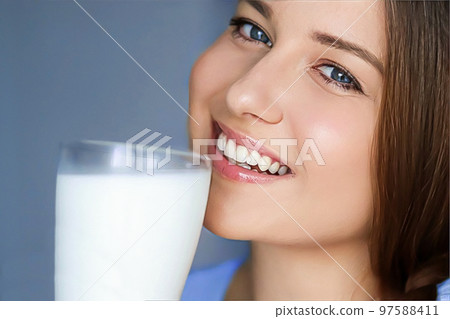 Happy young woman with glass of milk or protein cocktail, healthy drink, diet and wellness concept Happy young woman with glass of milk or protein cocktail, healthy drink, diet and wellness concept 97588411