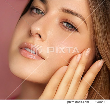 Beauty, makeup and skincare cosmetics model face portrait, beautiful woman with natural make-up, perfect healthy skin glow, facial care closeup 97588412