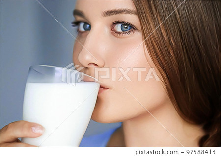Happy young woman drinking milk or protein cocktail from glass, healthy drink, diet and wellness concept Happy young woman drinking milk or protein cocktail from glass, healthy drink, diet and wellness concept 97588413