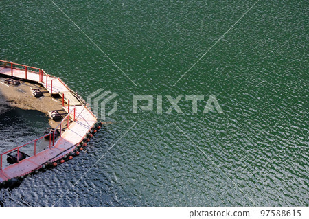Dam lake in Japan and raft to check water quality Dam lake in Japan and raft to check water quality 97588615