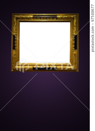 Antique art fair gallery frame on royal purple wall at auction house or museum exhibition, blank template with empty white copyspace for mockup design, artwork concept 97588677