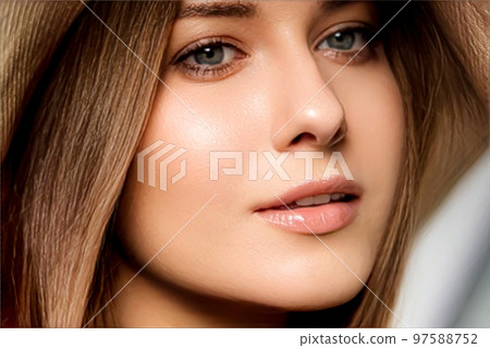 Fashion, travel and beauty face portrait of young woman, beautiful model wearing beach sun hat in summer, head accessory and style concept 97588752