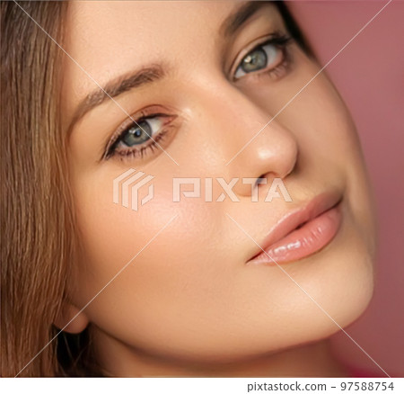 Beauty, makeup and skincare cosmetics model face portrait on pink background, beautiful woman with natural make-up, perfect healthy skin glow, facial care closeup 97588754
