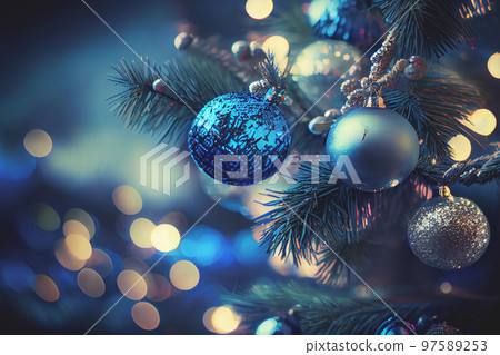 Dark Blue Christmas Tree with defocused lights... - Stock Illustration ...
