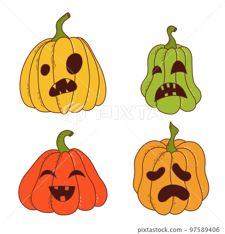Set of pumpkin of various shapes and colors with funny faces. Halloween elements. Vector illustration in hand drawn style Set of pumpkin of various shapes and colors with funny faces. Halloween elements. Vector illustration in hand drawn style 97589406