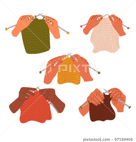 Woman hands are knitting with knitting needles. Knitting process. Wool yarns, hook, knitting needles. Hobby time, handmade things 97589408