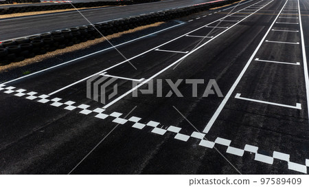 Aerial top view grid start, Start of track, Racing asphalt road Aerial top view grid start, Start of track, Racing asphalt road 97589409