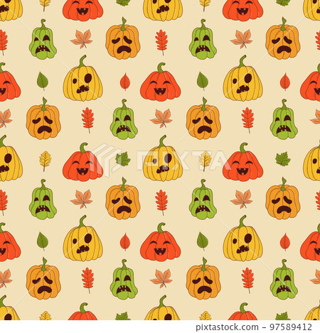 Cute pumpkin seamless pattern. Vector illustration in hand drawn style Cute pumpkin seamless pattern. Vector illustration in hand drawn style 97589412