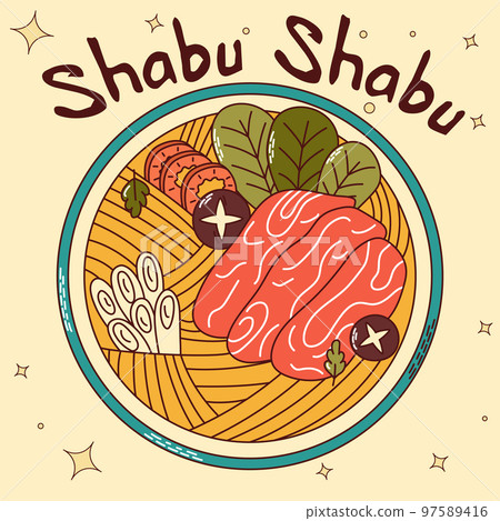 Traditional Japanese food. Asian Shabu-Shabu. Vector illistration Traditional Japanese food. Asian Shabu-Shabu. Vector illistration 97589416