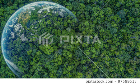 Aerial top view green forest with earth, Green planet in your hands, Save Earth, Texture of forest view from above ecosystem and healthy environment. 97589513