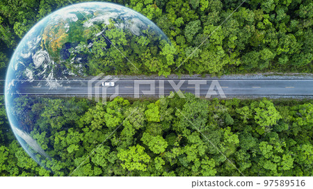 Electric car and EV electrical energy for environment, EV car on forest road with earth planet going through forest, Ecosystem ecology healthy environment, Electric car with nature, Save earth, Save 97589516