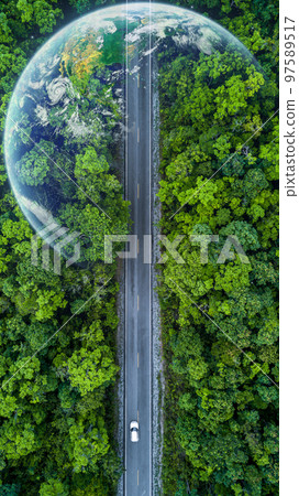 Eco car on forest road with earth planet going through forest, Ecosystem ecology healthy environment road trip travel, Eco car with nature, Electric car and earth EV electrical energy for environment. 97589517