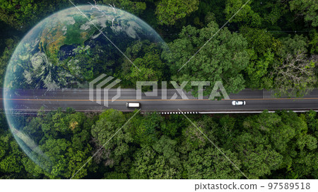 Eco car on forest road with earth planet going through forest, Ecosystem ecology healthy environment road trip travel, Eco car with nature, Electric car and earth EV electrical energy for environment. 97589518