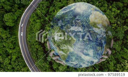 Eco car on forest road with earth planet going through forest, Ecosystem ecology healthy environment road trip travel, Eco car with nature, Electric car and earth EV electrical energy for environment. 97589519