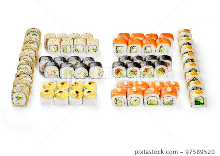 Large sushi rolls set for Japanese style party isolated on white 97589520