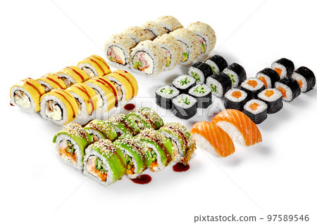 Japanese sushi rolls set with salmon, eel, shrimp, masago roe 97589546