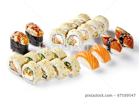 Japanese sushi set for two with salmon, eel, crab meat, tobiko 97589547
