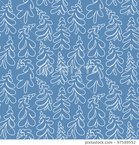 Vector hand drawn winter trees pattern. Whimsical doodles Christmas background. White line on blue. Vector hand drawn winter trees pattern. Whimsical doodles Christmas background. White line on blue. 97589552
