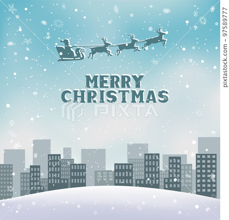 Christmas hill snowfall Santa fly above the city 97589777