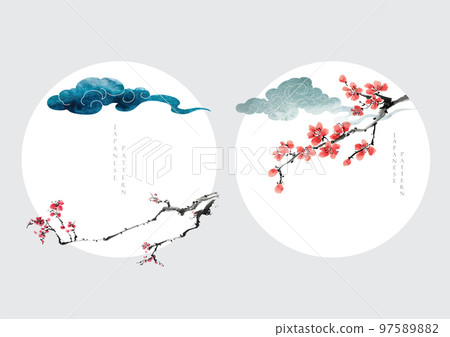 Art natural landscape background with watercolor texture vector. Branch with leaves and flower decoration in vintage style. Cherry blossom with Chinese cloud element. Art natural landscape background with watercolor texture vector. Branch with leaves and flower decoration in vintage style. Cherry blossom with Chinese cloud element. 97589882