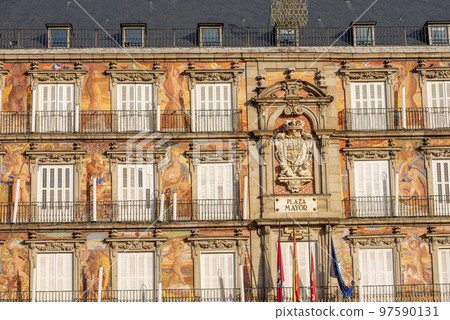 Closeup of the Casa De La Panaderia in Plaza Mayor - Madrid Spain Closeup of the Casa De La Panaderia in Plaza Mayor - Madrid Spain 97590131