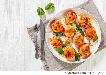Baked Tomatoes with Mozzarella, Cheddar, Parmesan 97590242