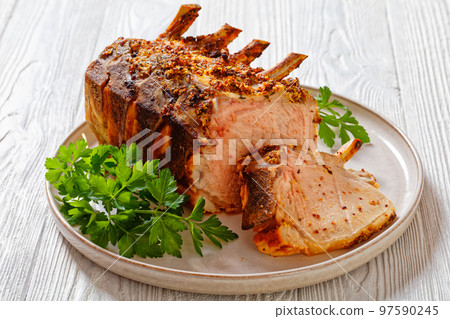 Standing Juicy Pork Rib Roast, top view Standing Juicy Pork Rib Roast, top view 97590245