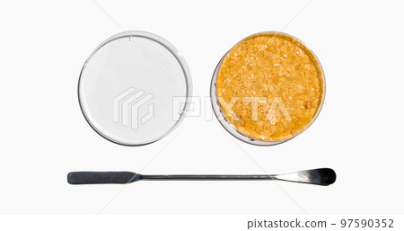 Carnauba Wax in Petri dish with plastic lid placed next to the stainless spatula on laboratory table. Carnauba Wax in Petri dish with plastic lid placed next to the stainless spatula on laboratory table. 97590352