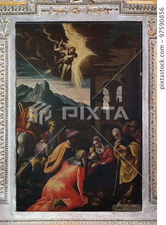 Adoration of the Magi, painting in the church of St. Victor on the Fishermen Island, one of the famous Borromeo Islands of Lake Maggiore, Italy Adoration of the Magi, painting in the church of St. Victor on the Fishermen Island, one of the famous Borromeo Islands of Lake Maggiore, Italy 97590856