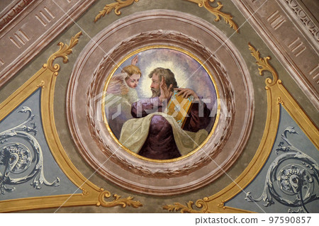 Saint Matthew the Evangelist, ceiling fresco in the church of St. Victor on the Fishermen Island, one of the famous Borromeo Islands of Lake Maggiore, Italy Saint Matthew the Evangelist, ceiling fresco in the church of St. Victor on the Fishermen Island, one of the famous Borromeo Islands of Lake Maggiore, Italy 97590857