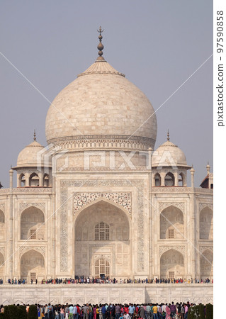 Taj Mahal (Crown of Palaces), an ivory-white marble mausoleum in Agra, Uttar Pradesh, India Taj Mahal (Crown of Palaces), an ivory-white marble mausoleum in Agra, Uttar Pradesh, India 97590858