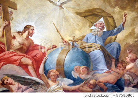Holy Trinity, fresco in the church of St. Agatha in Schmerlenbach, Germany Holy Trinity, fresco in the church of St. Agatha in Schmerlenbach, Germany 97590905