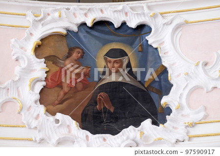 Fresco in the church of St. Agatha in Schmerlenbach, Germany 97590917