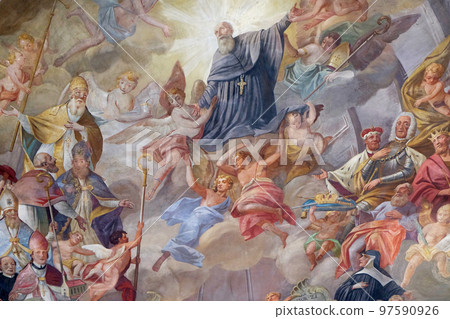 Saint Benedict and his missionary work, fresco in the church of St. Agatha in Schmerlenbach, Germany Saint Benedict and his missionary work, fresco in the church of St. Agatha in Schmerlenbach, Germany 97590926