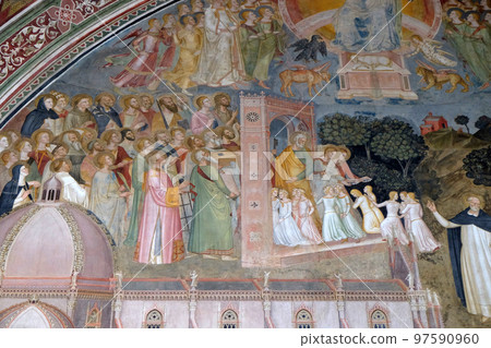 Souls entering into Heaven, detail of the Active and Triumphant Church, fresco by Andrea Di Bonaiuto, Spanish Chapel in Santa Maria Novella Principal Dominican church in Florence, Italy 97590960