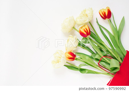 Red and yellow tulips in a red gift bag on a white background with copying space. Valentine's Day or Mother's Day Greeting Card 97590992