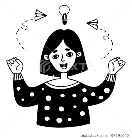 Happy girl and idea. Vector hand drawn doodle. Concept business idea, motivation, finding solution. 97591040