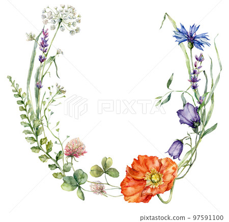 Watercolor meadow flowers wreath of poppy, clover, geranium, campanula and cornflower. Hand painted floral card of wildflowers isolated on white background. Illustration for design, print, background. Watercolor meadow flowers wreath of poppy, clover, geranium, campanula and cornflower. Hand painted floral card of wildflowers isolated on white background. Illustration for design, print, background. 97591100
