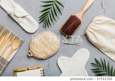 Zero waste concept. Eco-friendly home daily accessories. top view 97591508